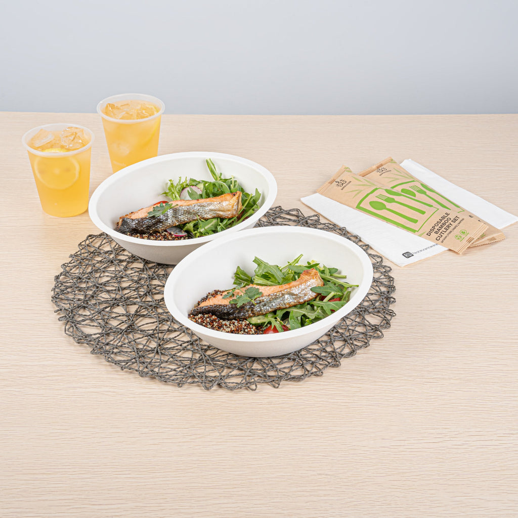 Pulp Safe No PFAS Added 27 oz Oval White Sugarcane / Bagasse Bowl - Home Compostable - 8 3/4" x 6 3/4" x 3 1/4" - 100 count box