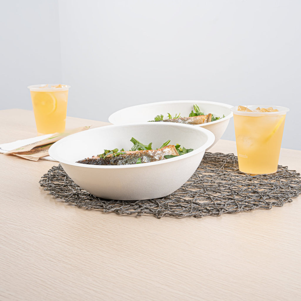 Pulp Safe No PFAS Added 27 oz Oval White Sugarcane / Bagasse Bowl - Home Compostable - 8 3/4" x 6 3/4" x 3 1/4" - 100 count box