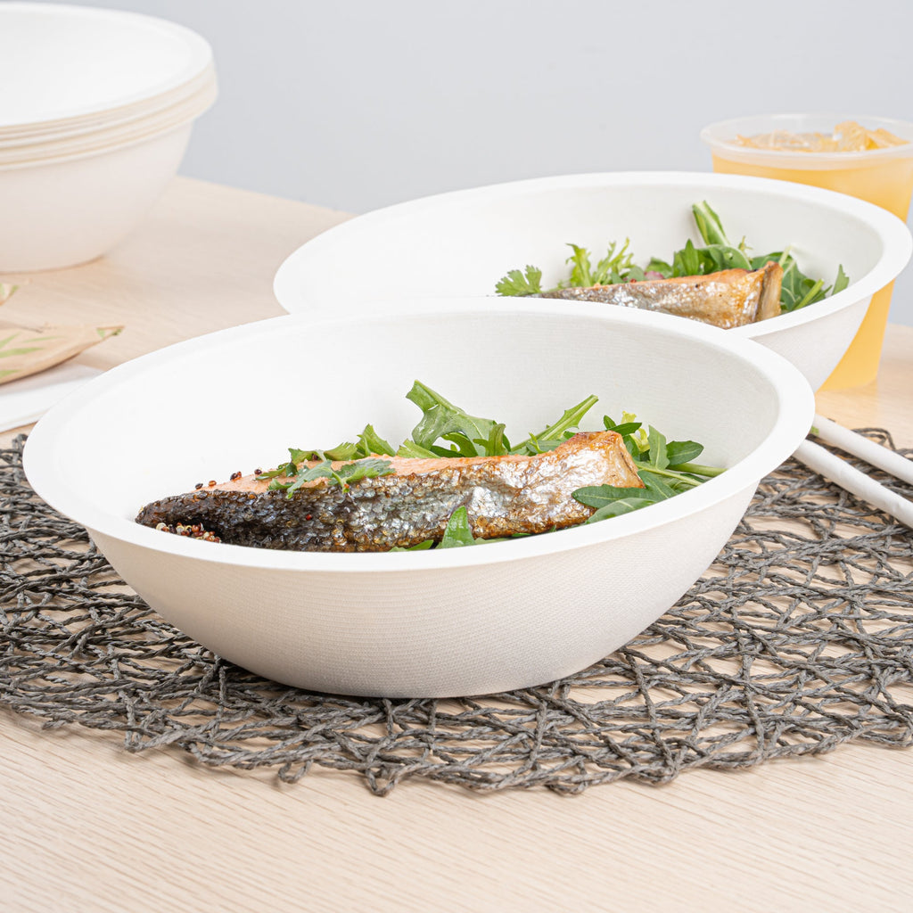 Pulp Safe No PFAS Added 27 oz Oval White Sugarcane / Bagasse Bowl - Home Compostable - 8 3/4" x 6 3/4" x 3 1/4" - 100 count box