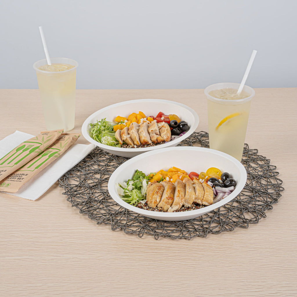 Pulp Safe No PFAS Added 16 oz Oval White Sugarcane / Bagasse Bowl - Home Compostable - 8 3/4" x 6 3/4" x 2 1/4" - 25 count box