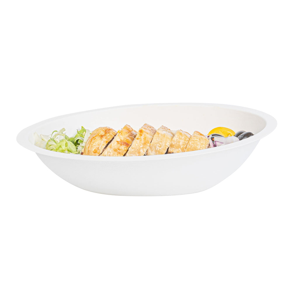 Pulp Safe No PFAS Added 16 oz Oval White Sugarcane / Bagasse Bowl - Home Compostable - 8 3/4" x 6 3/4" x 2 1/4" - 25 count box