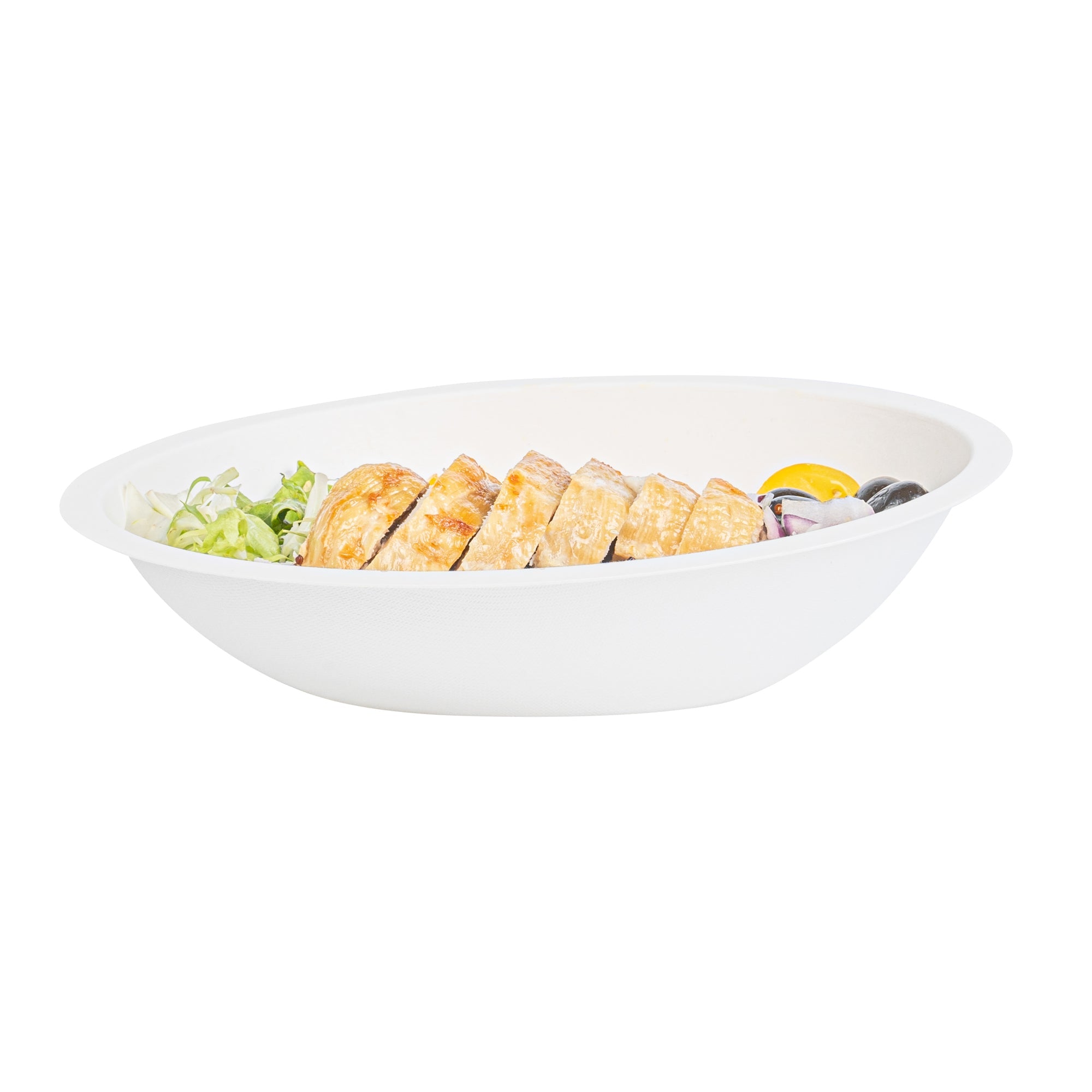 Pulp Safe No PFAS Added 16 oz Oval White Sugarcane / Bagasse Bowl - Home Compostable - 8 3/4" x 6 3/4" x 2 1/4" - 100 count box
