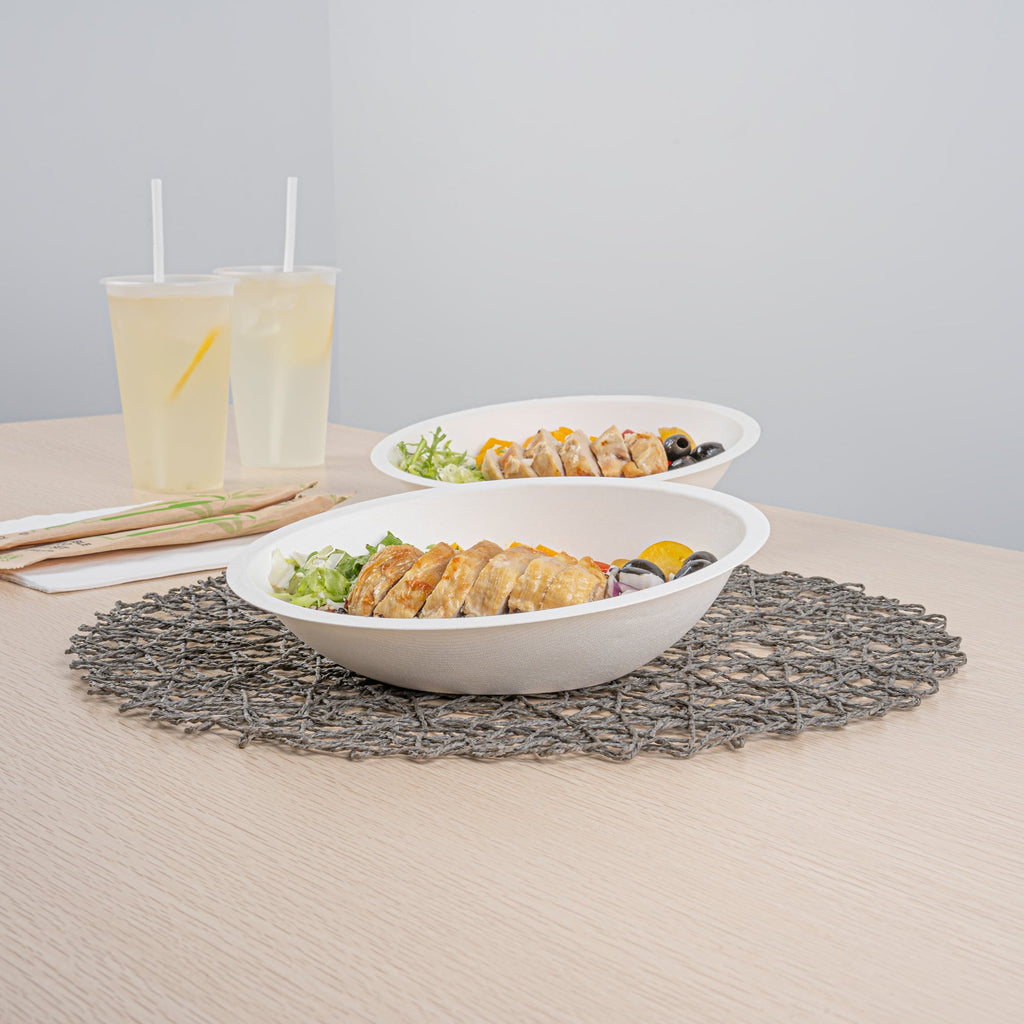 Pulp Safe No PFAS Added 16 oz Oval White Sugarcane / Bagasse Bowl - Home Compostable - 8 3/4" x 6 3/4" x 2 1/4" - 100 count box