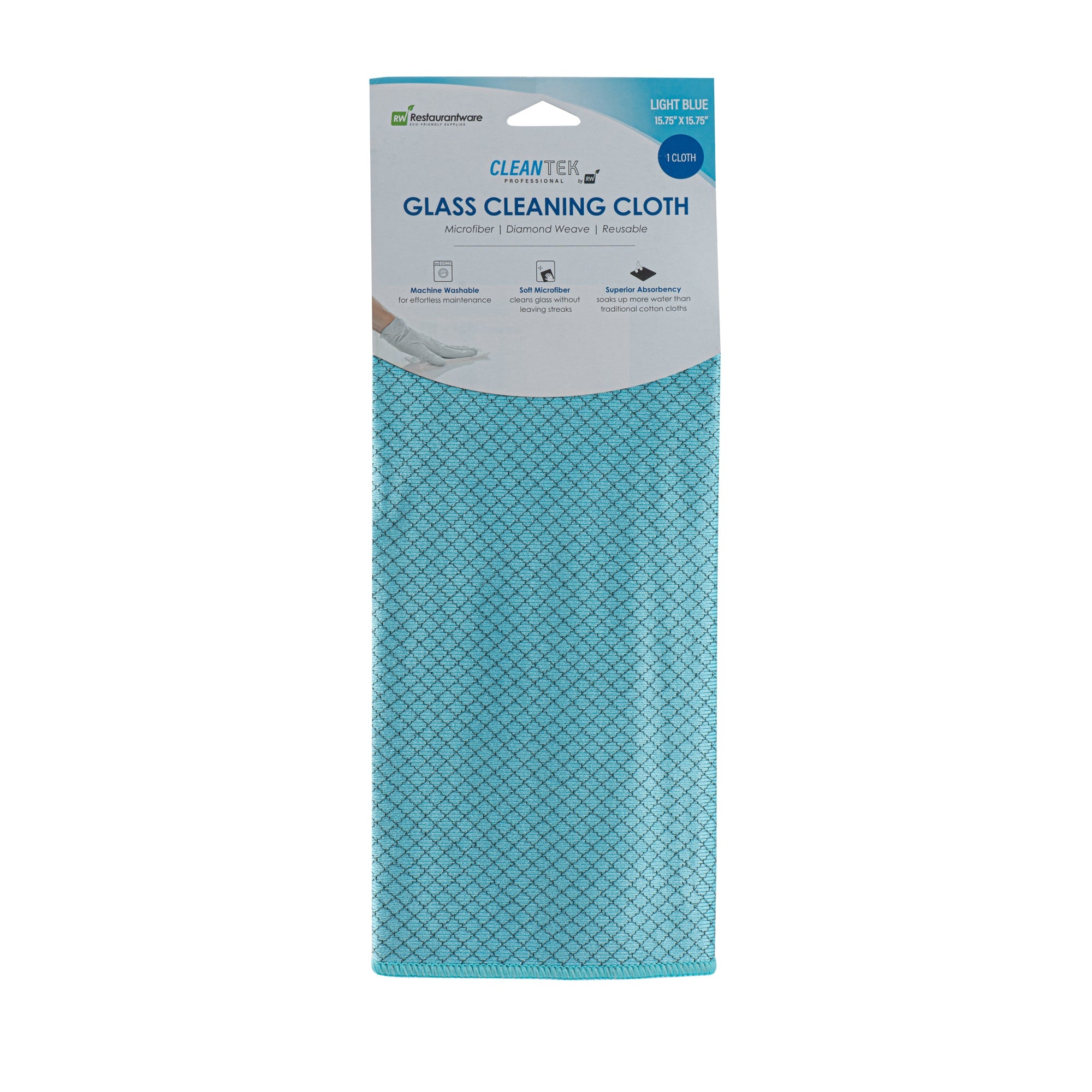 Clean Tek Professional Light Blue Microfiber Glass Cleaning Cloth - Diamond Weave - 15 3/4" x 15 3/4" - 1 count box