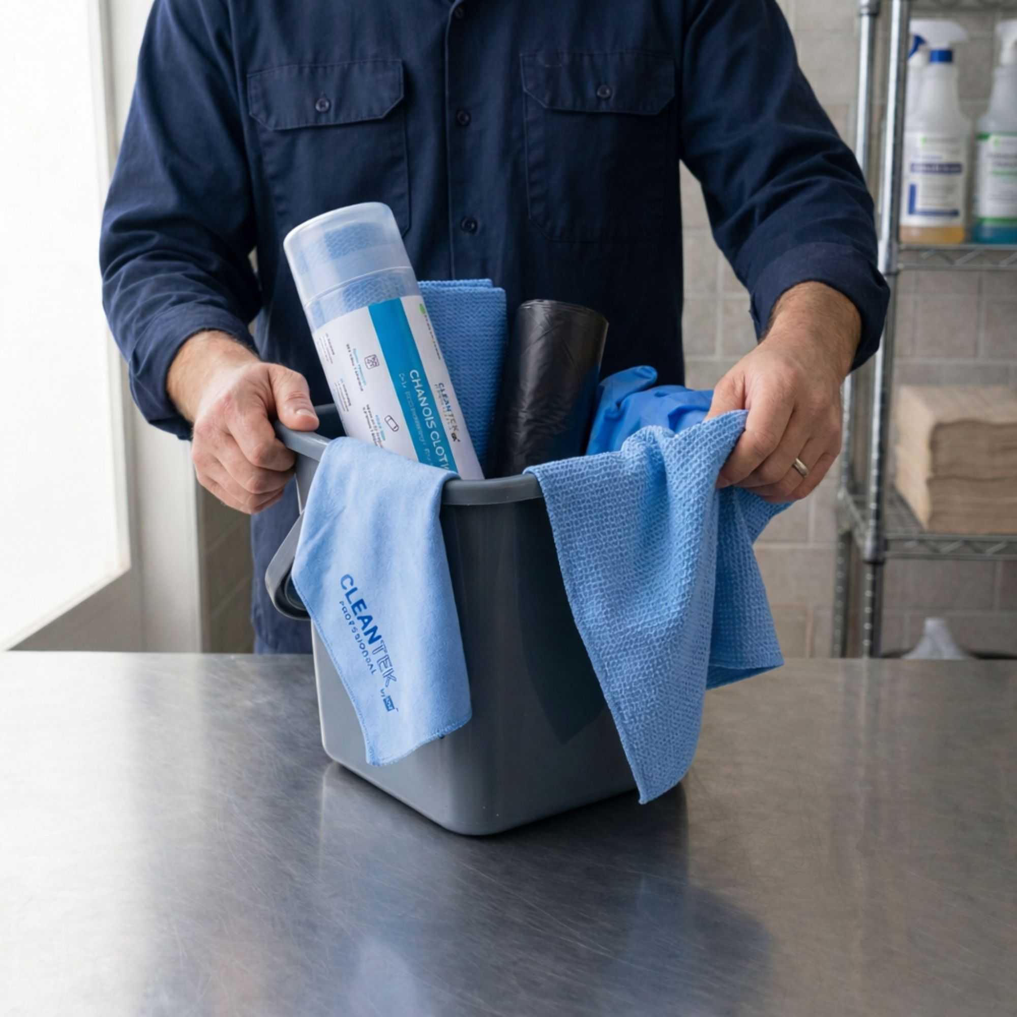 Clean Tek Professional Blue 3D Chamois Cloth - with Storage Tube - 25 1/4'' x 17'' - 20 count box
