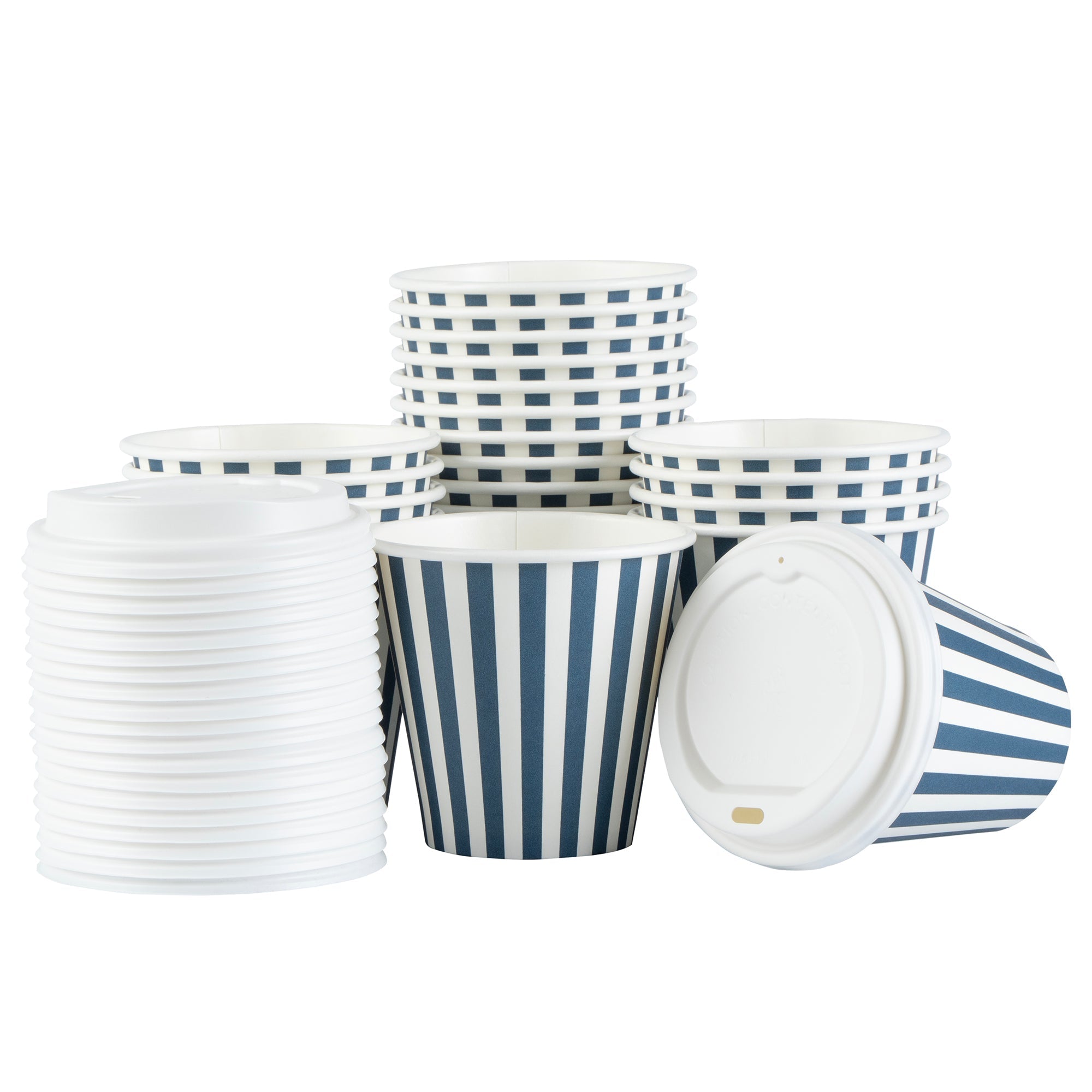 Restpresso 8 oz Blue and White Stripe Paper Single Wall Coffee Cup - with White Lid - 3 1/2"x 3 1/2"x 4" - 20 count box