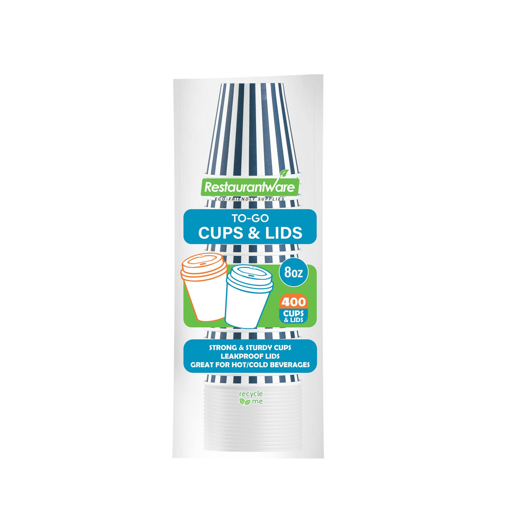 Restpresso 8 oz Blue and White Stripe Paper Single Wall Coffee Cup - with White Lid - 3 1/2"x 3 1/2"x 4" - 20 count box