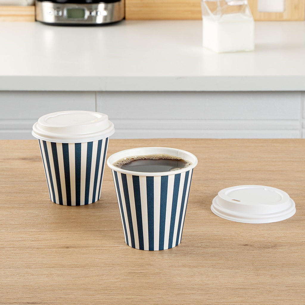 Restpresso 8 oz Blue and White Stripe Paper Single Wall Coffee Cup - with White Lid - 3 1/2"x 3 1/2"x 4" - 20 count box