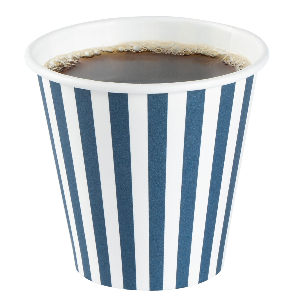Restpresso 8 oz Blue and White Stripe Paper Single Wall Coffee Cup - with White Lid - 3 1/2"x 3 1/2"x 4" - 400 count box