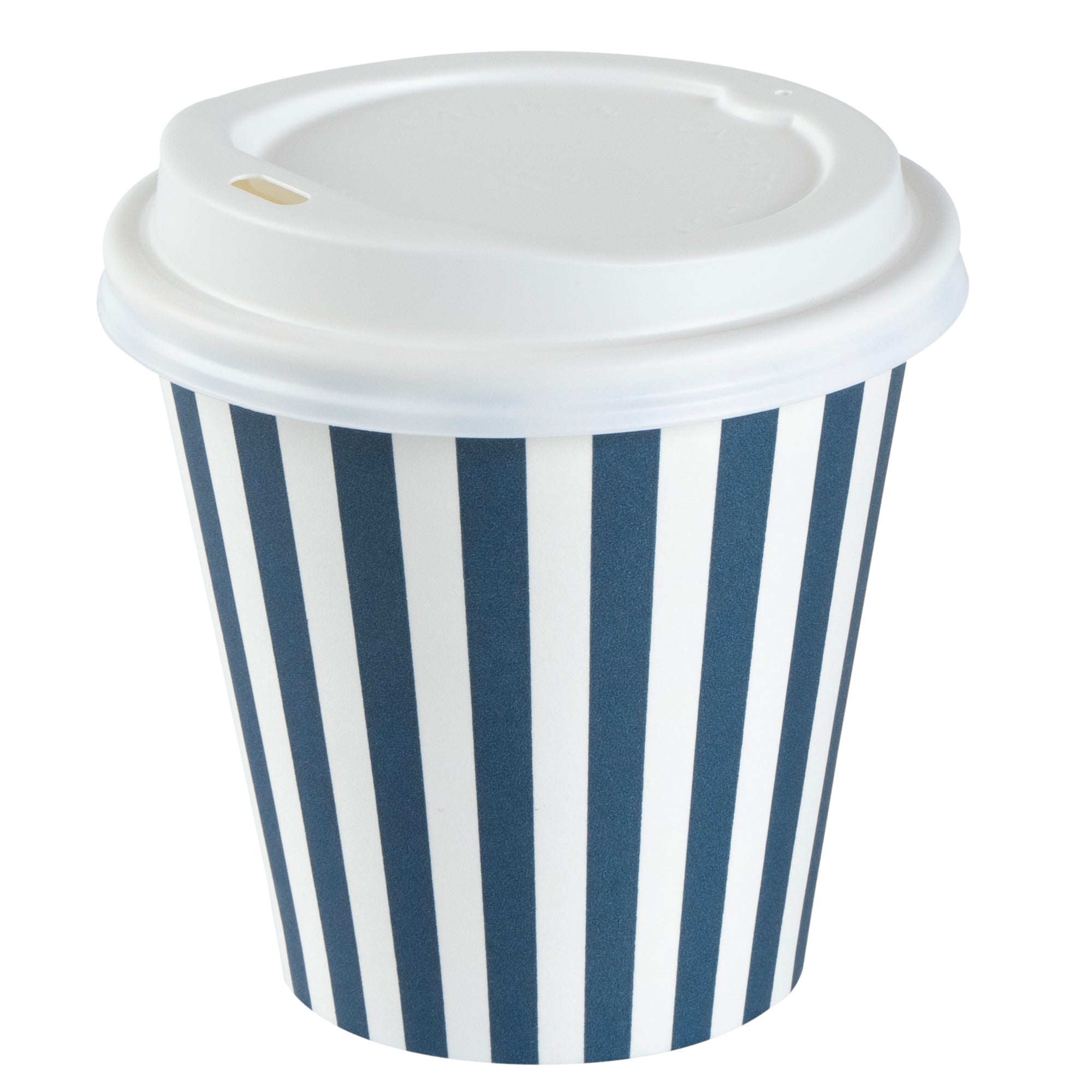 Restpresso 8 oz Blue and White Stripe Paper Single Wall Coffee Cup - with White Lid - 3 1/2"x 3 1/2"x 4" - 400 count box