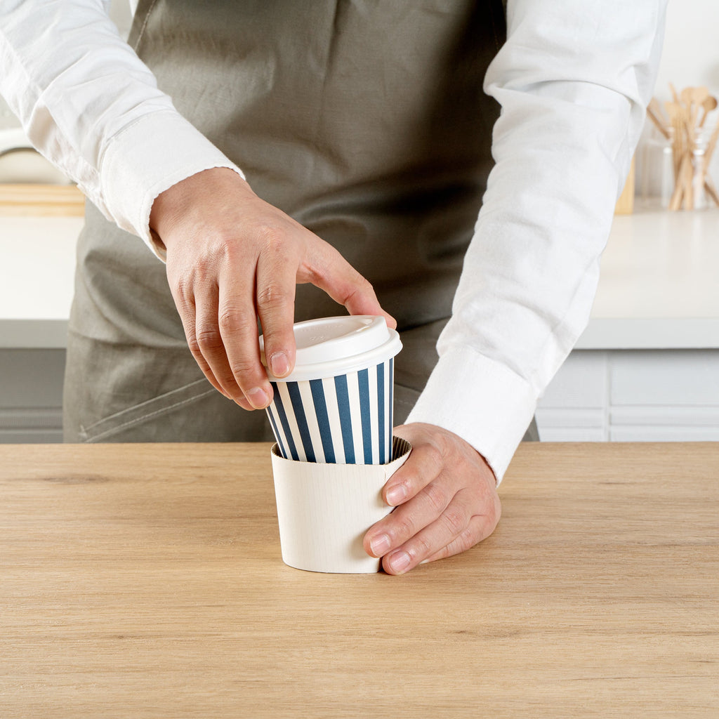 Restpresso 8 oz Blue and White Stripe Paper Single Wall Coffee Cup - with White Lid - 3 1/2"x 3 1/2"x 4" - 400 count box