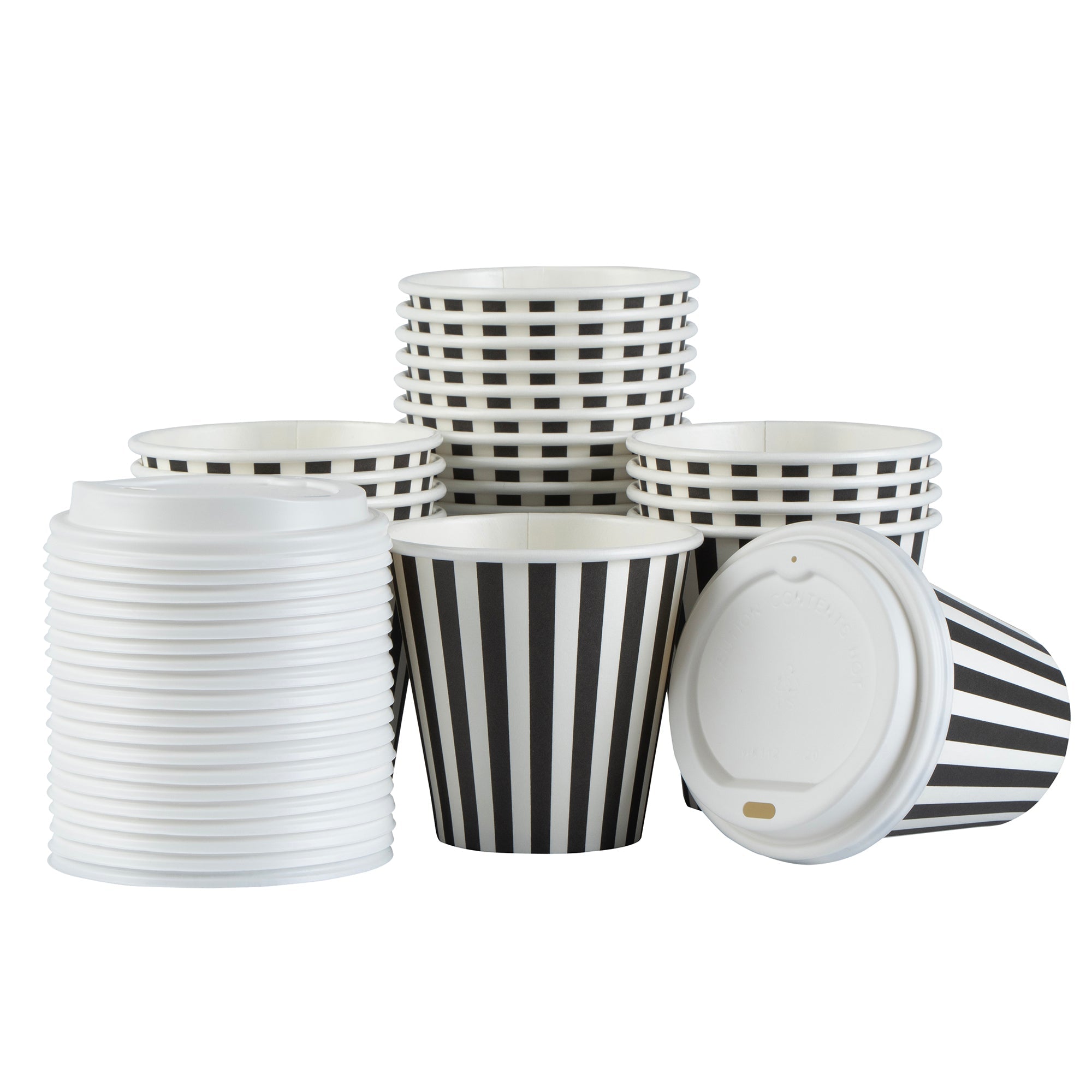 Restpresso 8 oz Black and White Stripe Paper Single Wall Coffee Cup - with White Lid - 3 1/2"x 3 1/2"x 4" - 20 count box