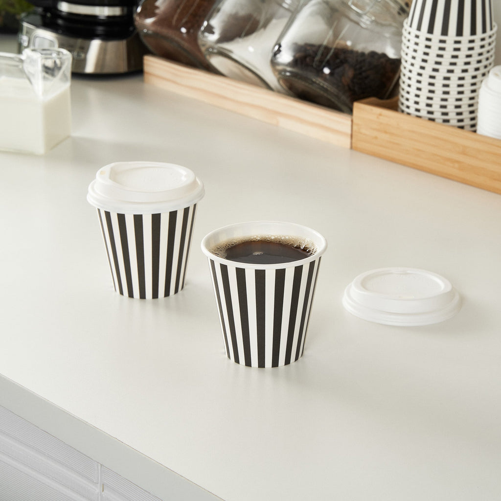 Restpresso 8 oz Black and White Stripe Paper Single Wall Coffee Cup - with White Lid - 3 1/2"x 3 1/2"x 4" - 20 count box