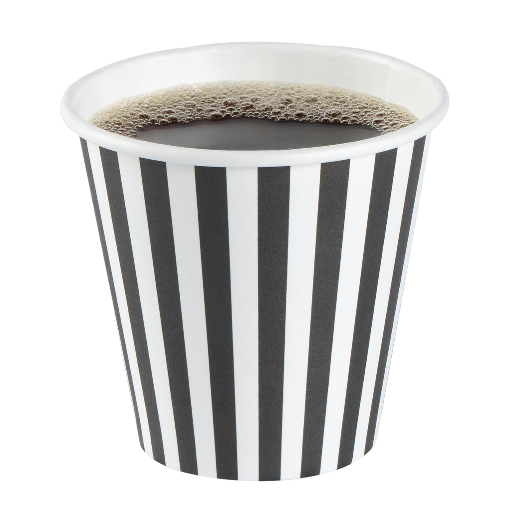 Restpresso 8 oz Black and White Stripe Paper Single Wall Coffee Cup - with White Lid - 3 1/2"x 3 1/2"x 4" - 20 count box