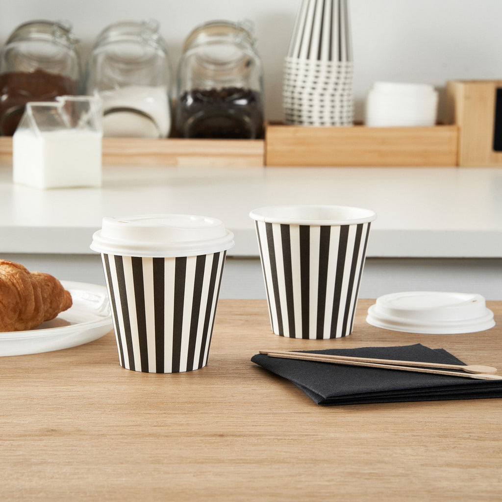 Restpresso 8 oz Black and White Stripe Paper Single Wall Coffee Cup - with White Lid - 3 1/2"x 3 1/2"x 4" - 20 count box