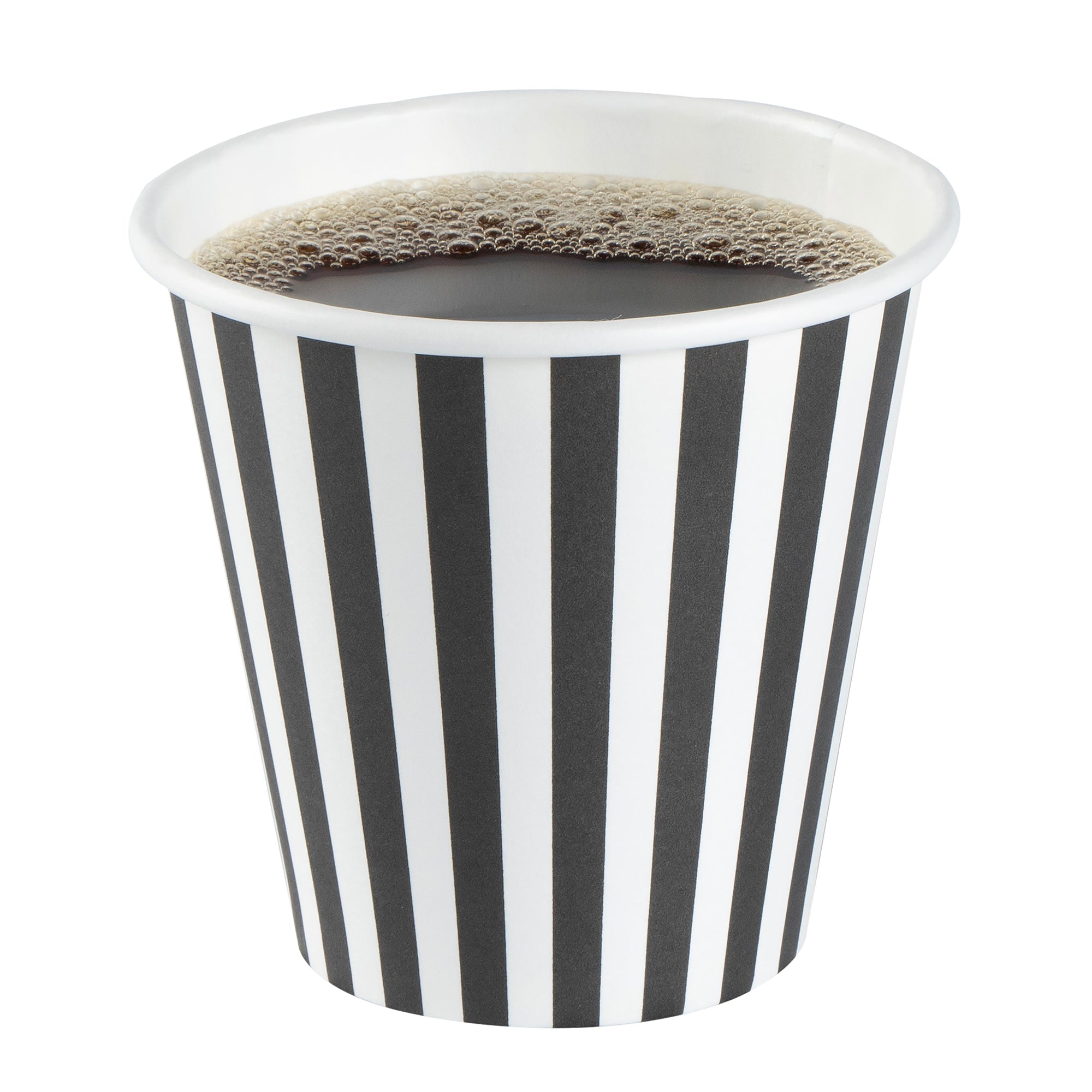 Restpresso 8 oz Black and White Stripe Paper Single Wall Coffee Cup - with White Lid - 3 1/2"x 3 1/2"x 4" - 400 count box