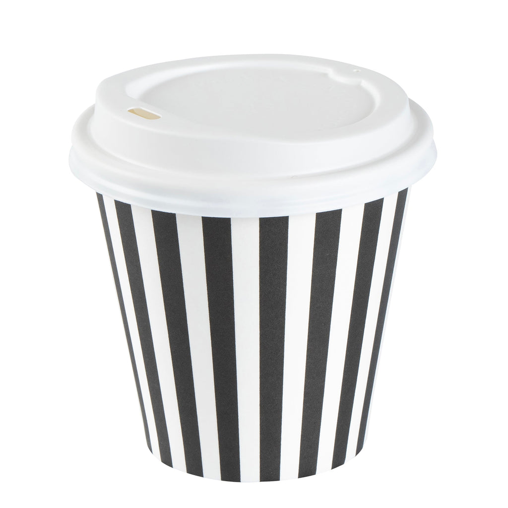 Restpresso 8 oz Black and White Stripe Paper Single Wall Coffee Cup - with White Lid - 3 1/2"x 3 1/2"x 4" - 400 count box