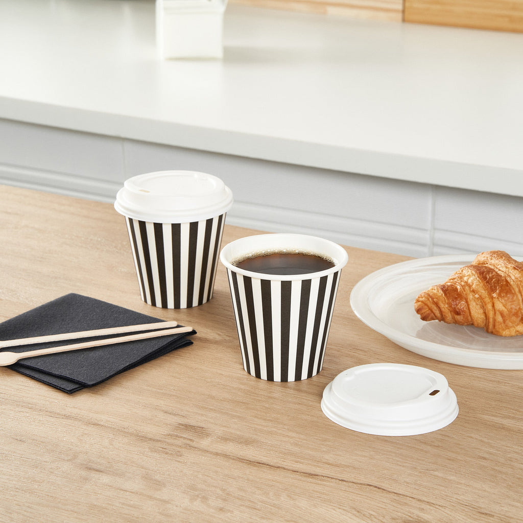 Restpresso 8 oz Black and White Stripe Paper Single Wall Coffee Cup - with White Lid - 3 1/2"x 3 1/2"x 4" - 400 count box