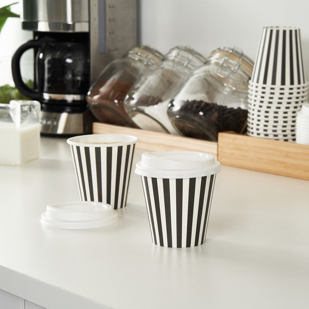 Restpresso 8 oz Black and White Stripe Paper Single Wall Coffee Cup - with White Lid - 3 1/2"x 3 1/2"x 4" - 400 count box