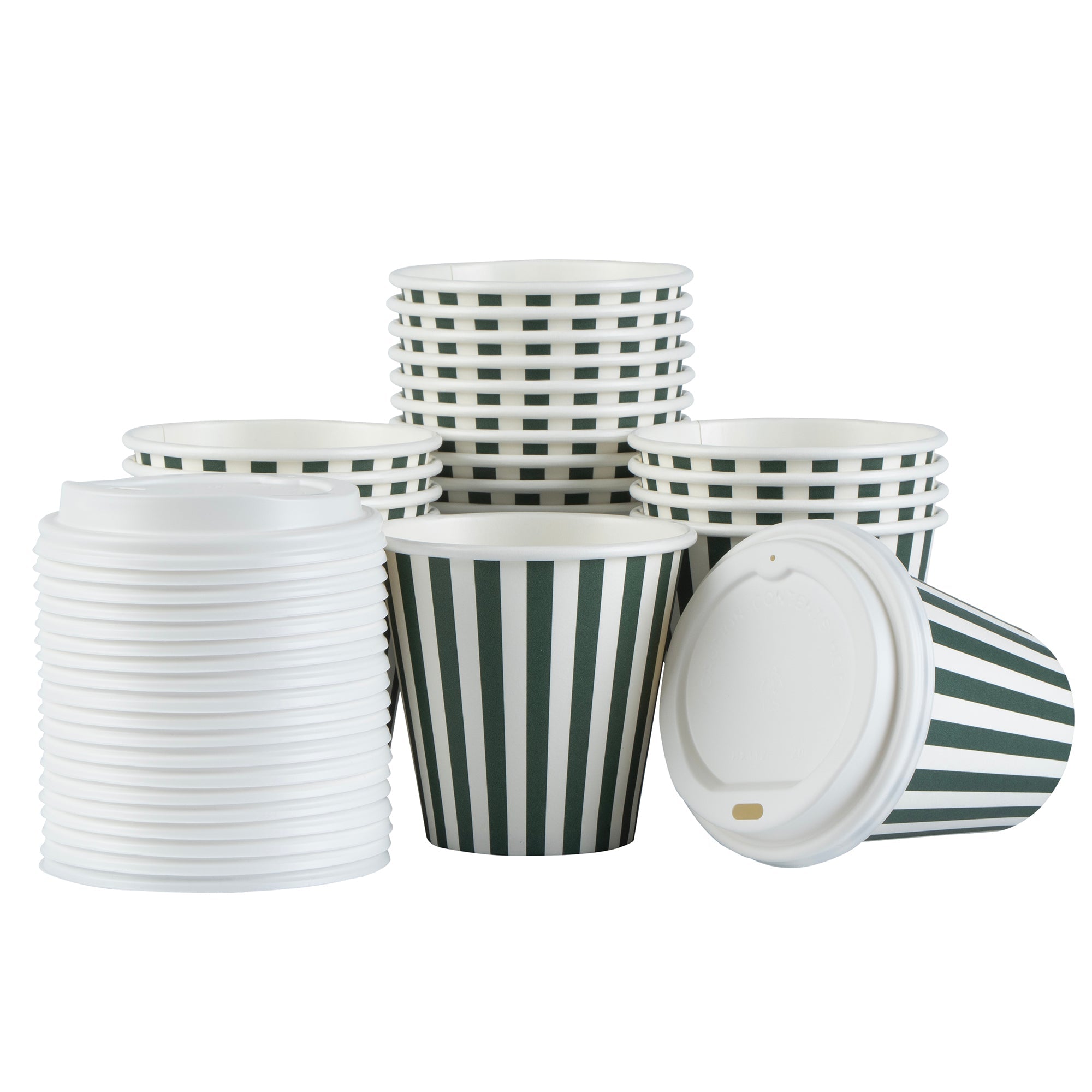 Restpresso 8 oz Forest Green and White Stripe Paper Single Wall Coffee Cup - with White Lid - 3 1/2"x 3 1/2"x 4" - 20 count box