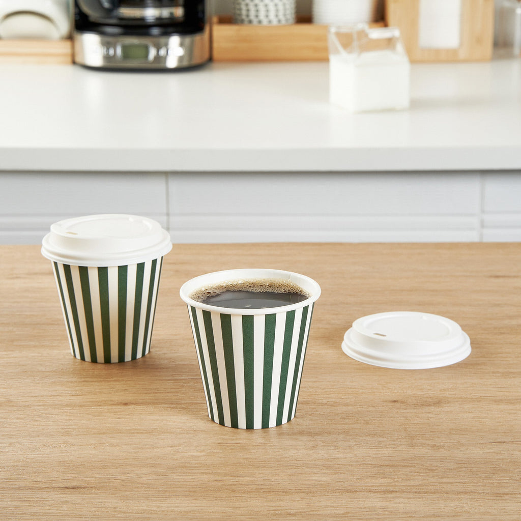 Restpresso 8 oz Forest Green and White Stripe Paper Single Wall Coffee Cup - with White Lid - 3 1/2"x 3 1/2"x 4" - 20 count box