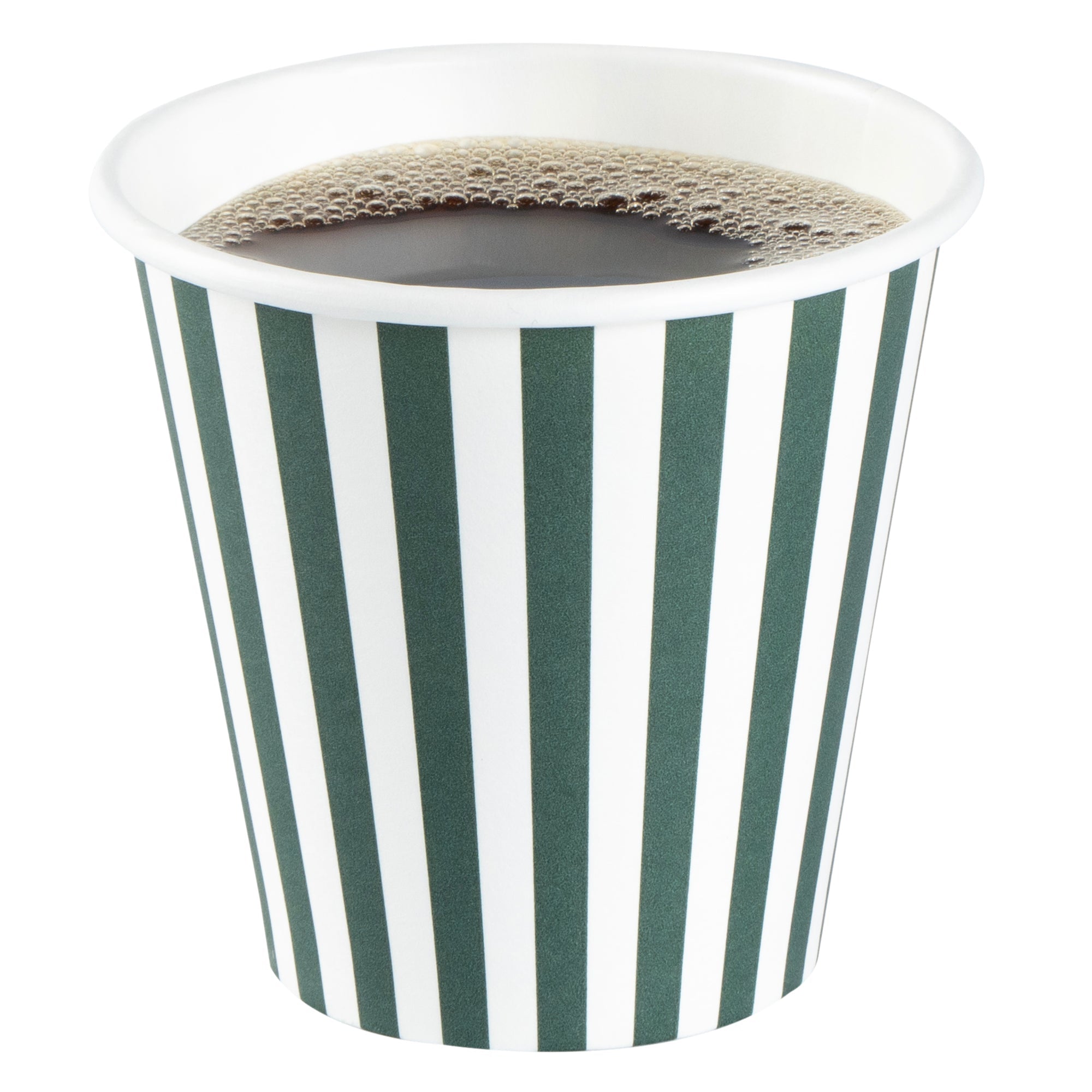 Restpresso 8 oz Forest Green and White Stripe Paper Single Wall Coffee Cup - with White Lid - 3 1/2"x 3 1/2"x 4" - 20 count box