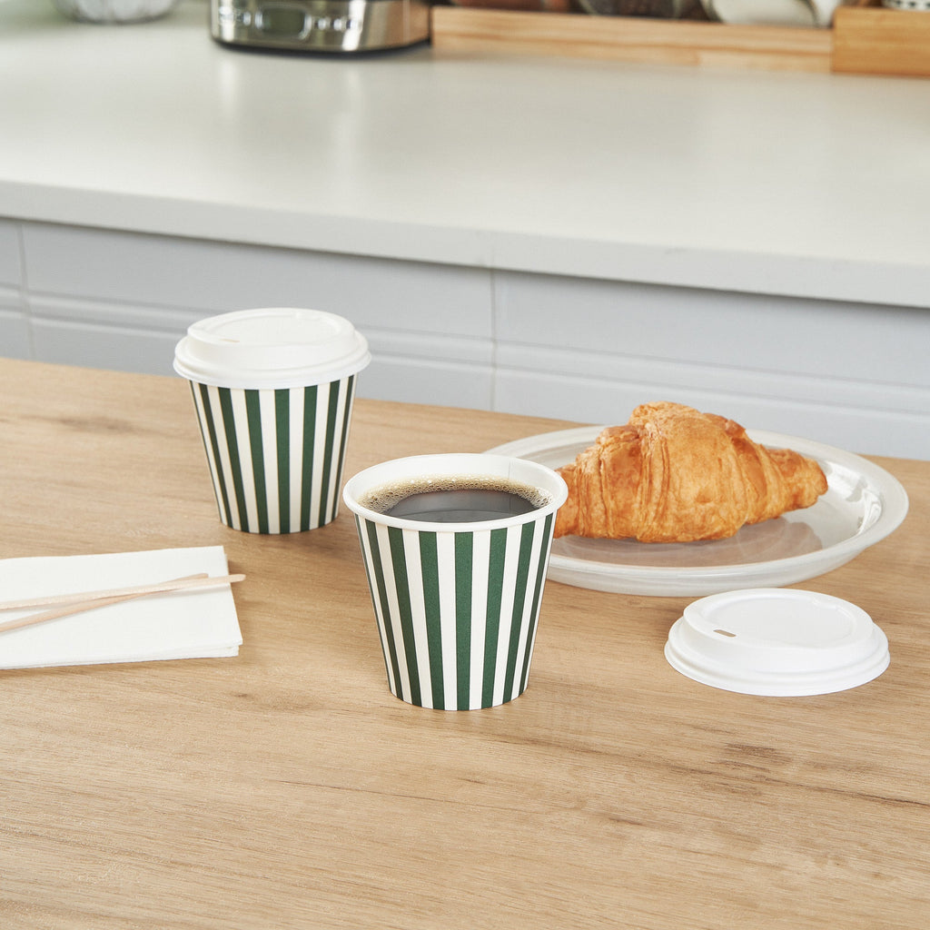 Restpresso 8 oz Forest Green and White Stripe Paper Single Wall Coffee Cup - with White Lid - 3 1/2"x 3 1/2"x 4" - 20 count box