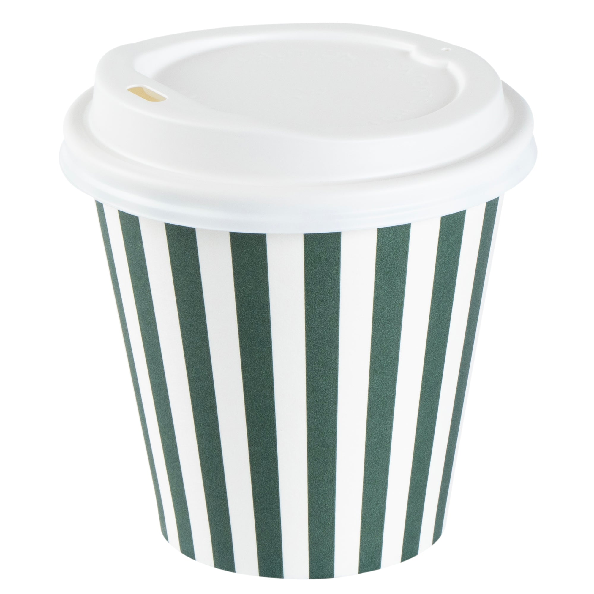 Restpresso 8 oz Forest Green and White Stripe Paper Single Wall Coffee Cup - with White Lid - 3 1/2"x 3 1/2"x 4" - 400 count box
