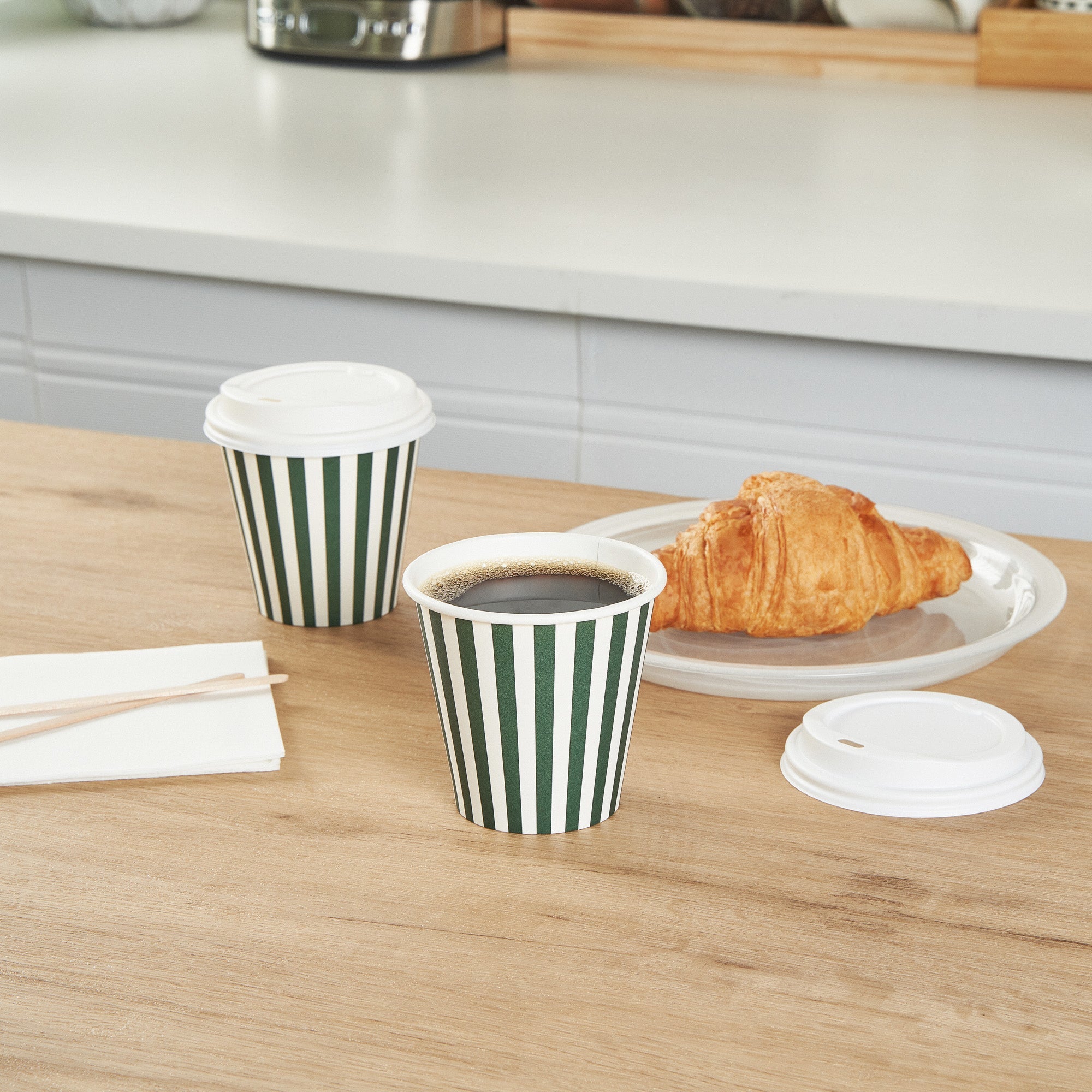 Restpresso 8 oz Forest Green and White Stripe Paper Single Wall Coffee Cup - with White Lid - 3 1/2"x 3 1/2"x 4" - 400 count box