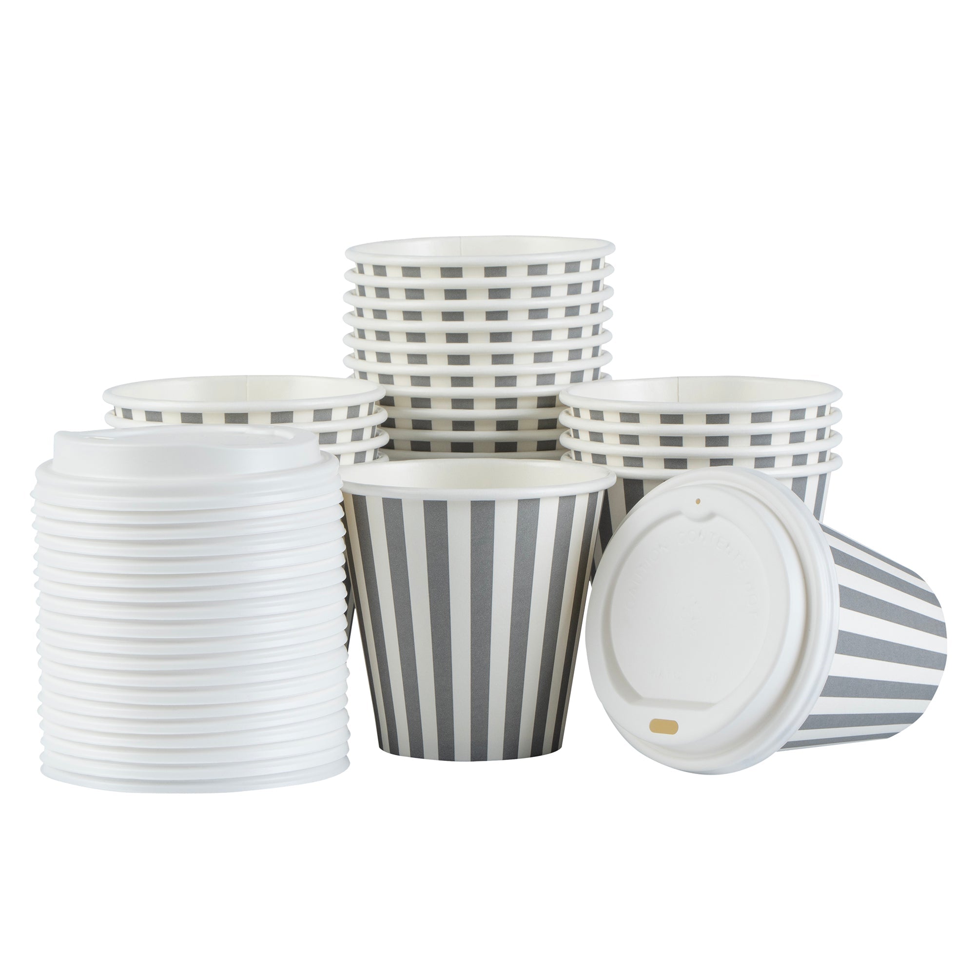 Restpresso 8 oz Gray and White Stripe Paper Single Wall Coffee Cup - with White Lid - 3 1/2"x 3 1/2"x 4" - 20 count box