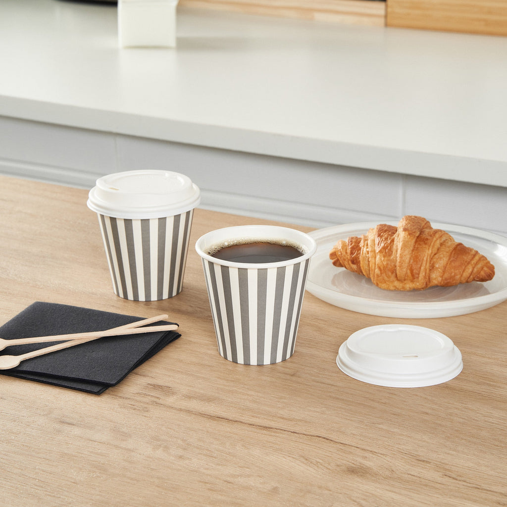 Restpresso 8 oz Gray and White Stripe Paper Single Wall Coffee Cup - with White Lid - 3 1/2"x 3 1/2"x 4" - 20 count box