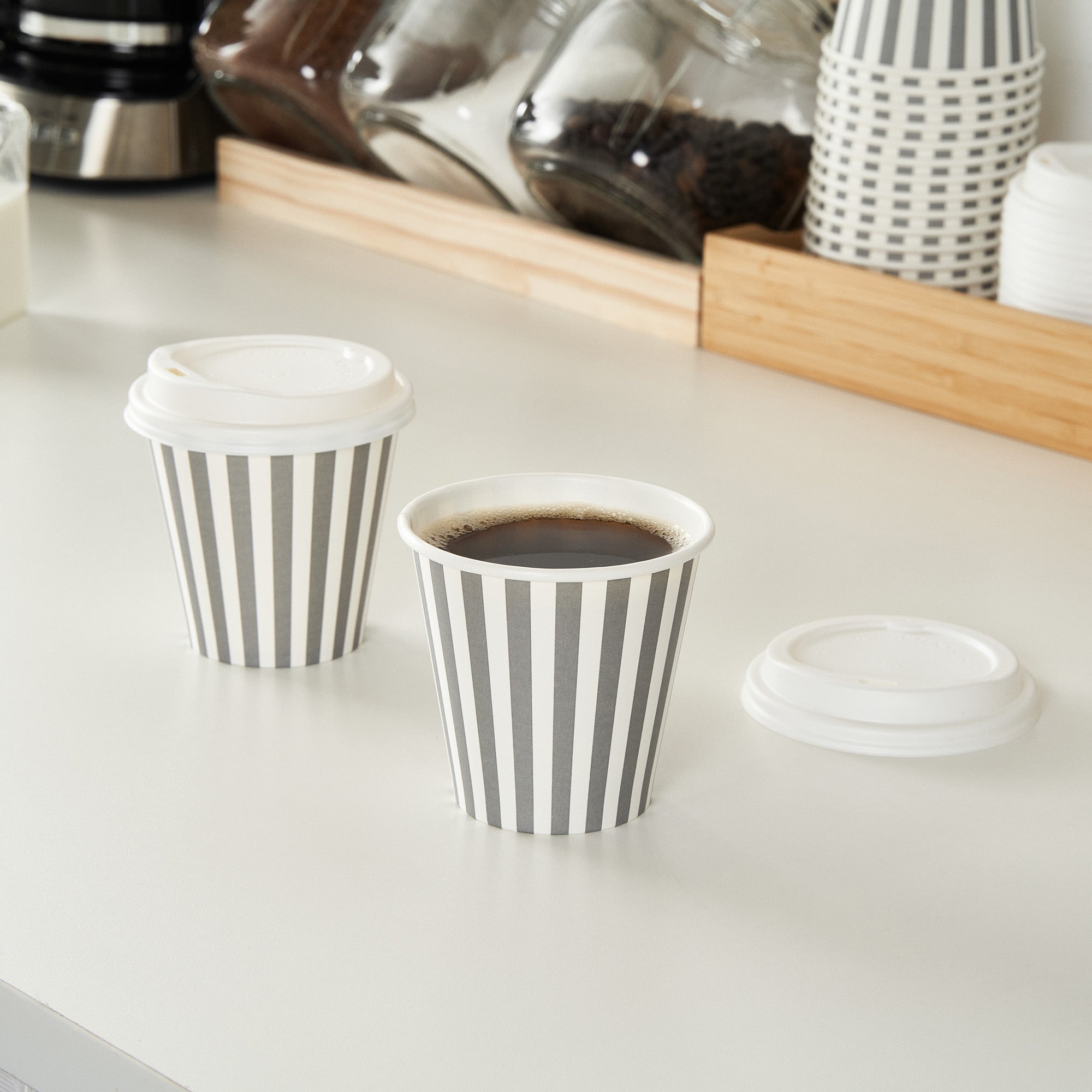 Restpresso 8 oz Gray and White Stripe Paper Single Wall Coffee Cup - with White Lid - 3 1/2"x 3 1/2"x 4" - 400 count box