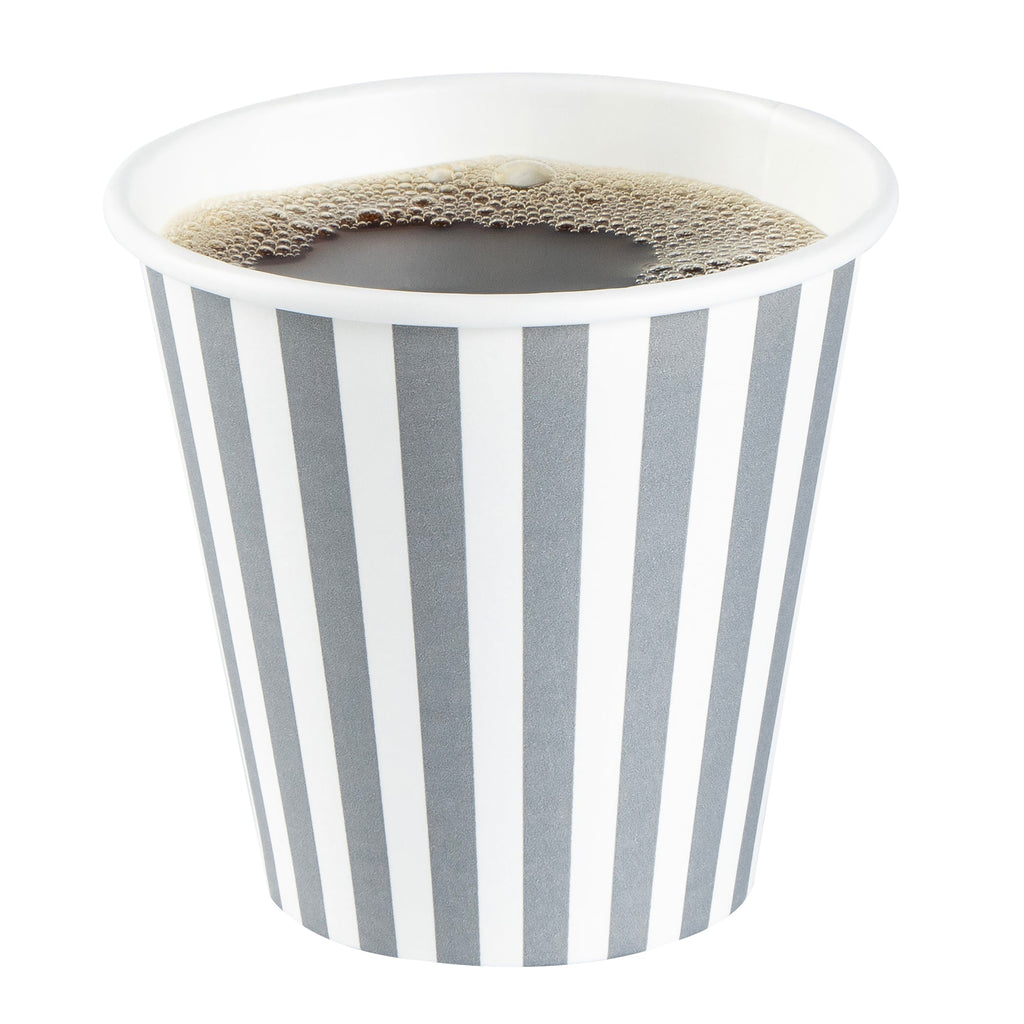 Restpresso 8 oz Gray and White Stripe Paper Single Wall Coffee Cup - with White Lid - 3 1/2"x 3 1/2"x 4" - 400 count box