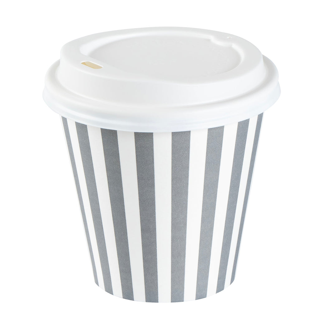 Restpresso 8 oz Gray and White Stripe Paper Single Wall Coffee Cup - with White Lid - 3 1/2"x 3 1/2"x 4" - 400 count box
