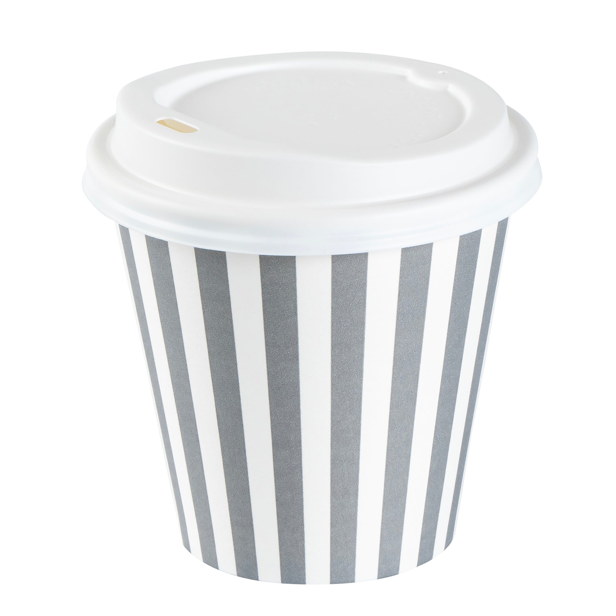 Restpresso 8 oz Gray and White Stripe Paper Single Wall Coffee Cup - with White Lid - 3 1/2"x 3 1/2"x 4" - 400 count box