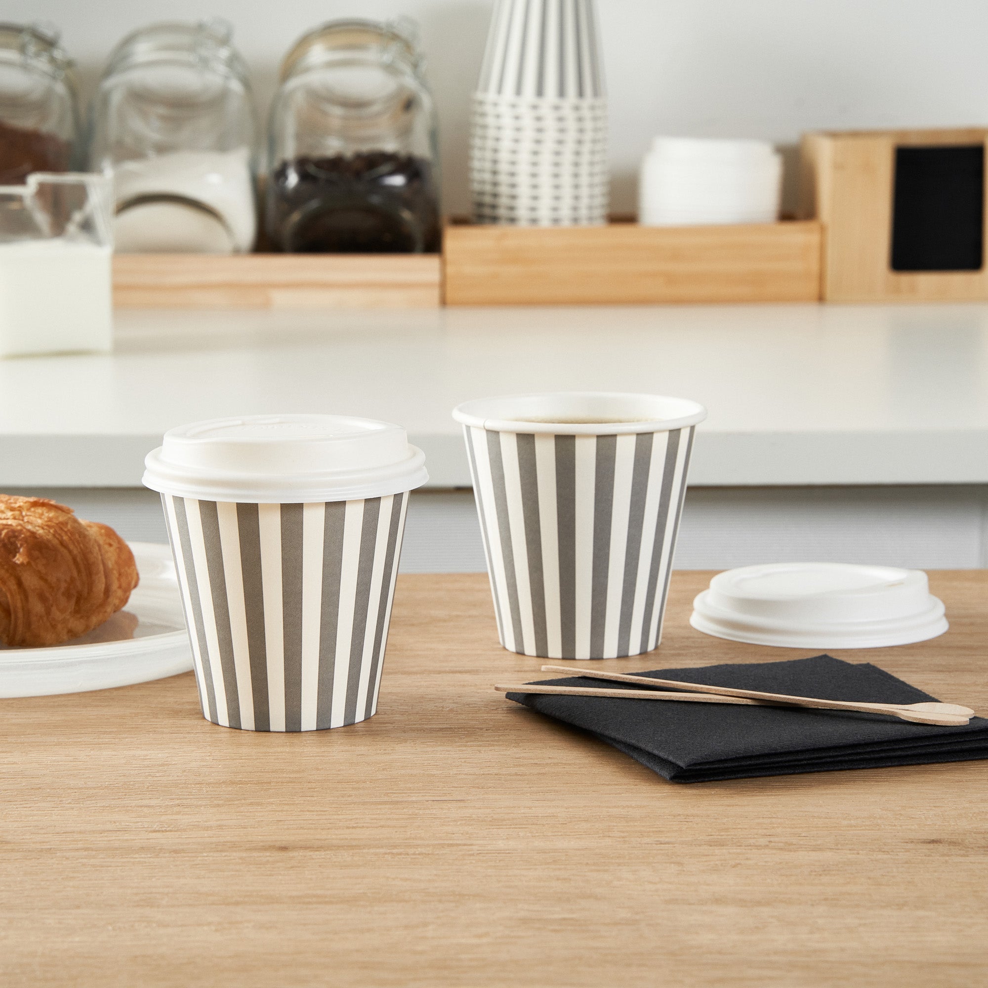 Restpresso 8 oz Gray and White Stripe Paper Single Wall Coffee Cup - with White Lid - 3 1/2"x 3 1/2"x 4" - 400 count box
