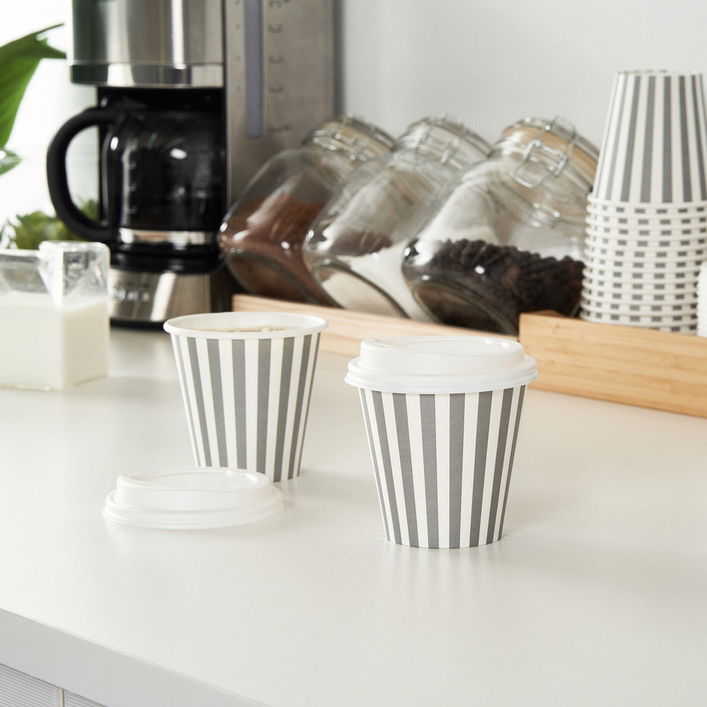 Restpresso 8 oz Gray and White Stripe Paper Single Wall Coffee Cup - with White Lid - 3 1/2"x 3 1/2"x 4" - 400 count box
