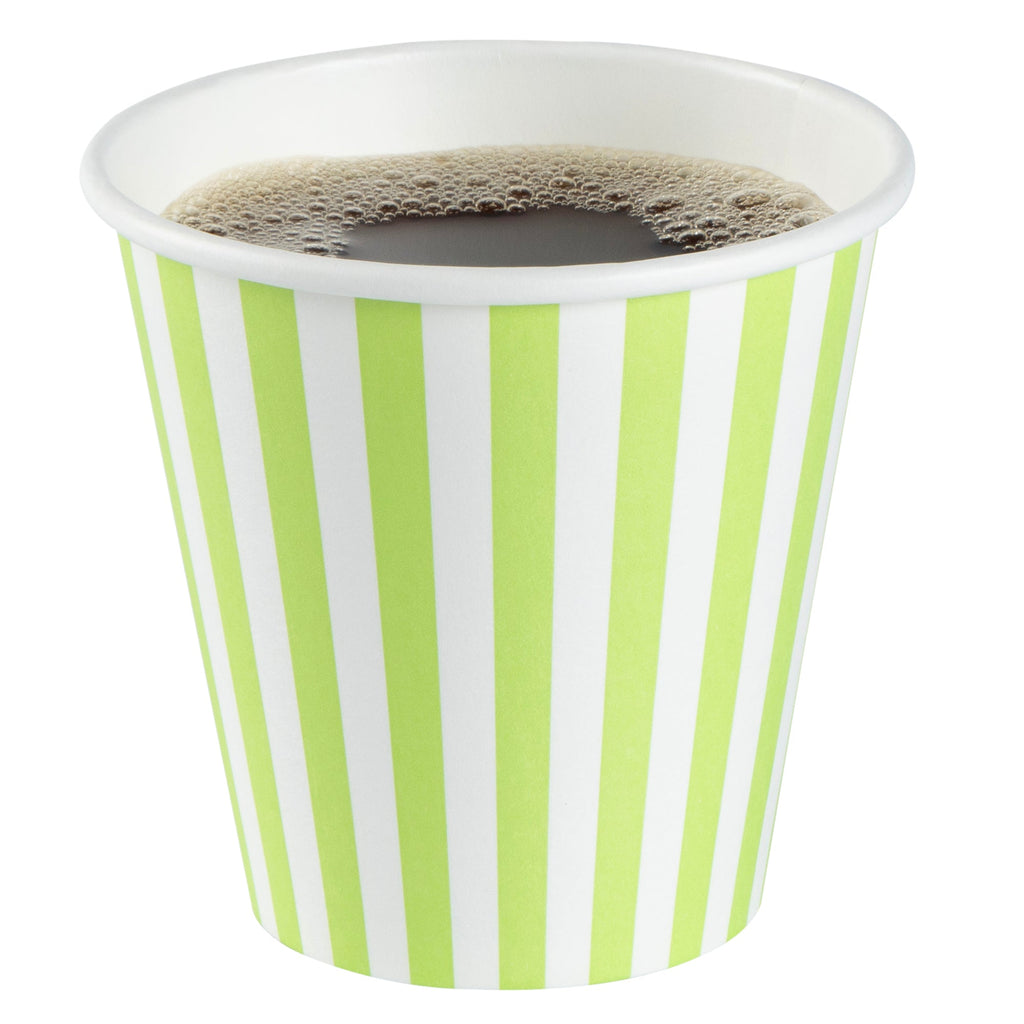 Restpresso 8 oz Green and White Stripe Paper Single Wall Coffee Cup - with White Lid - 3 1/2"x 3 1/2"x 4" - 20 count box