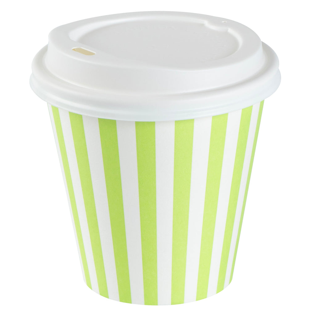 Restpresso 8 oz Green and White Stripe Paper Single Wall Coffee Cup - with White Lid - 3 1/2"x 3 1/2"x 4" - 20 count box