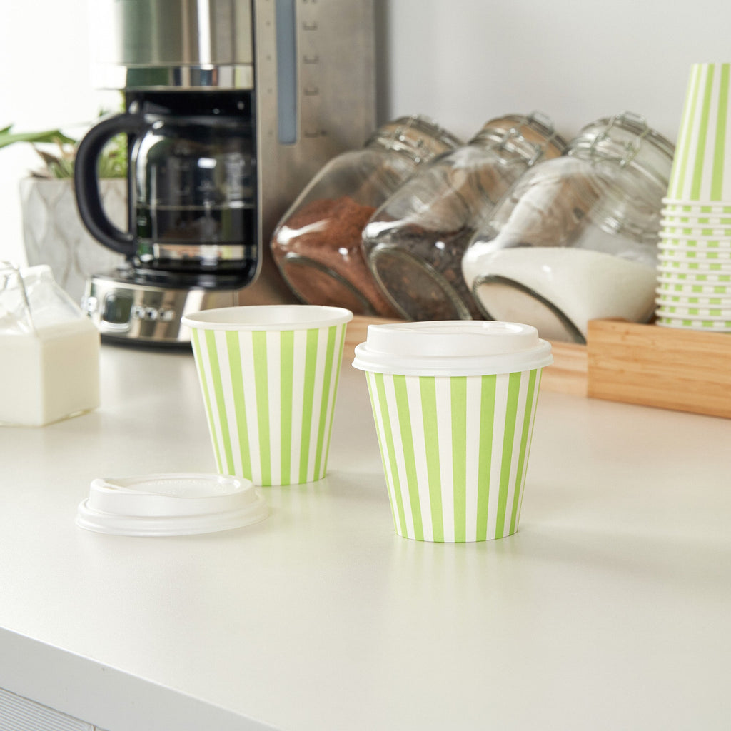 Restpresso 8 oz Green and White Stripe Paper Single Wall Coffee Cup - with White Lid - 3 1/2"x 3 1/2"x 4" - 20 count box