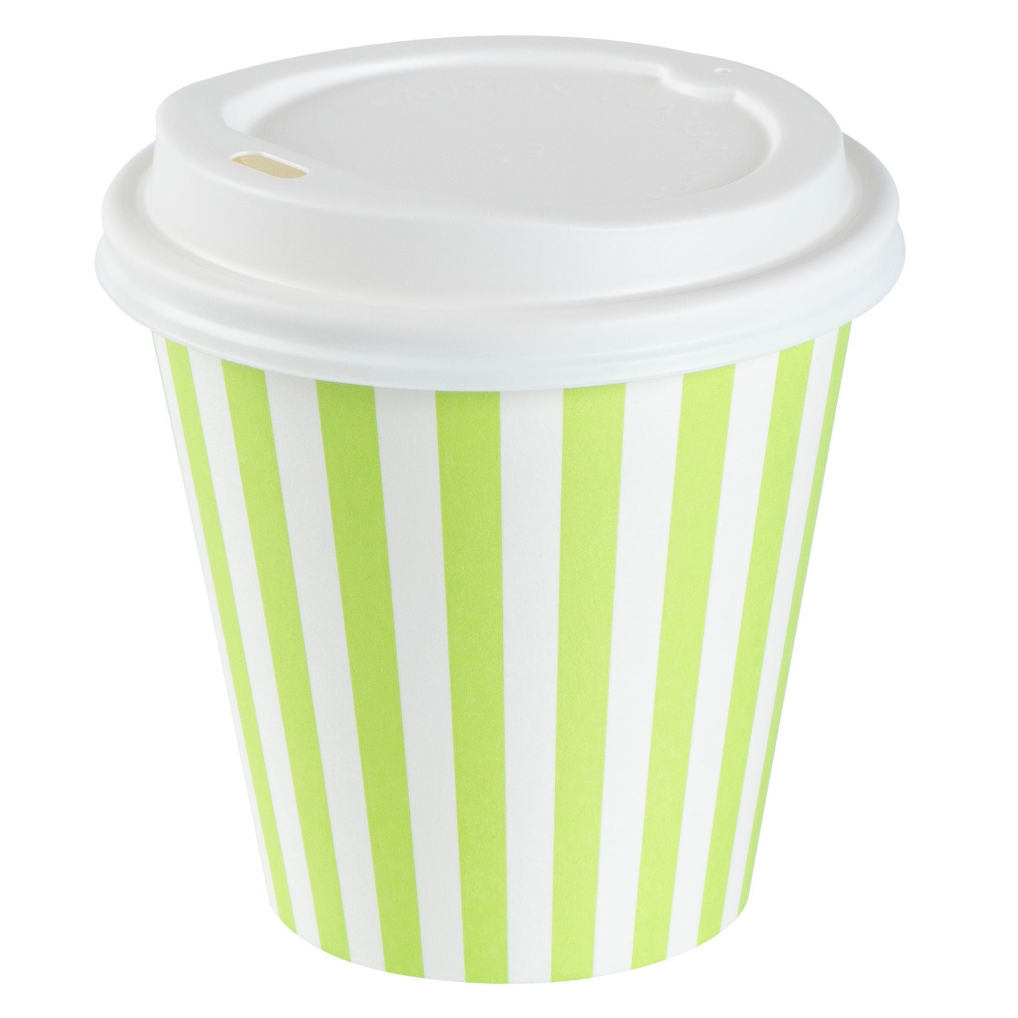 Restpresso 8 oz Green and White Stripe Paper Single Wall Coffee Cup - with White Lid - 3 1/2"x 3 1/2"x 4" - 400 count box