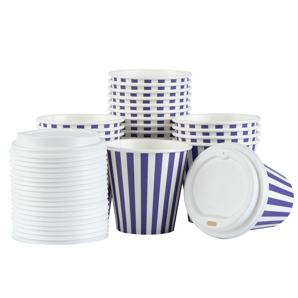 Restpresso 8 oz Purple and White Stripe Paper Single Wall Coffee Cup - with White Lid - 3 1/2"x 3 1/2"x 4" - 20 count box