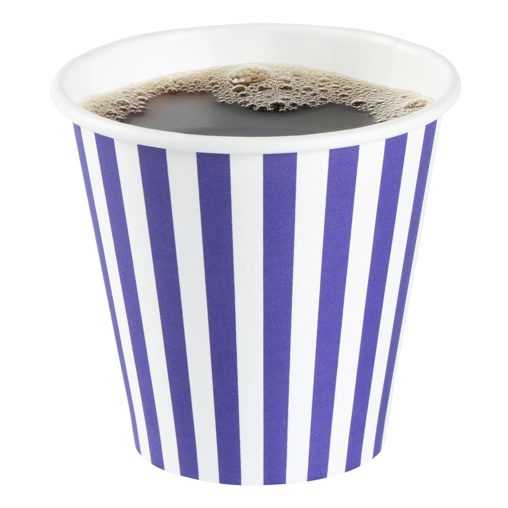 Restpresso 8 oz Purple and White Stripe Paper Single Wall Coffee Cup - with White Lid - 3 1/2"x 3 1/2"x 4" - 20 count box