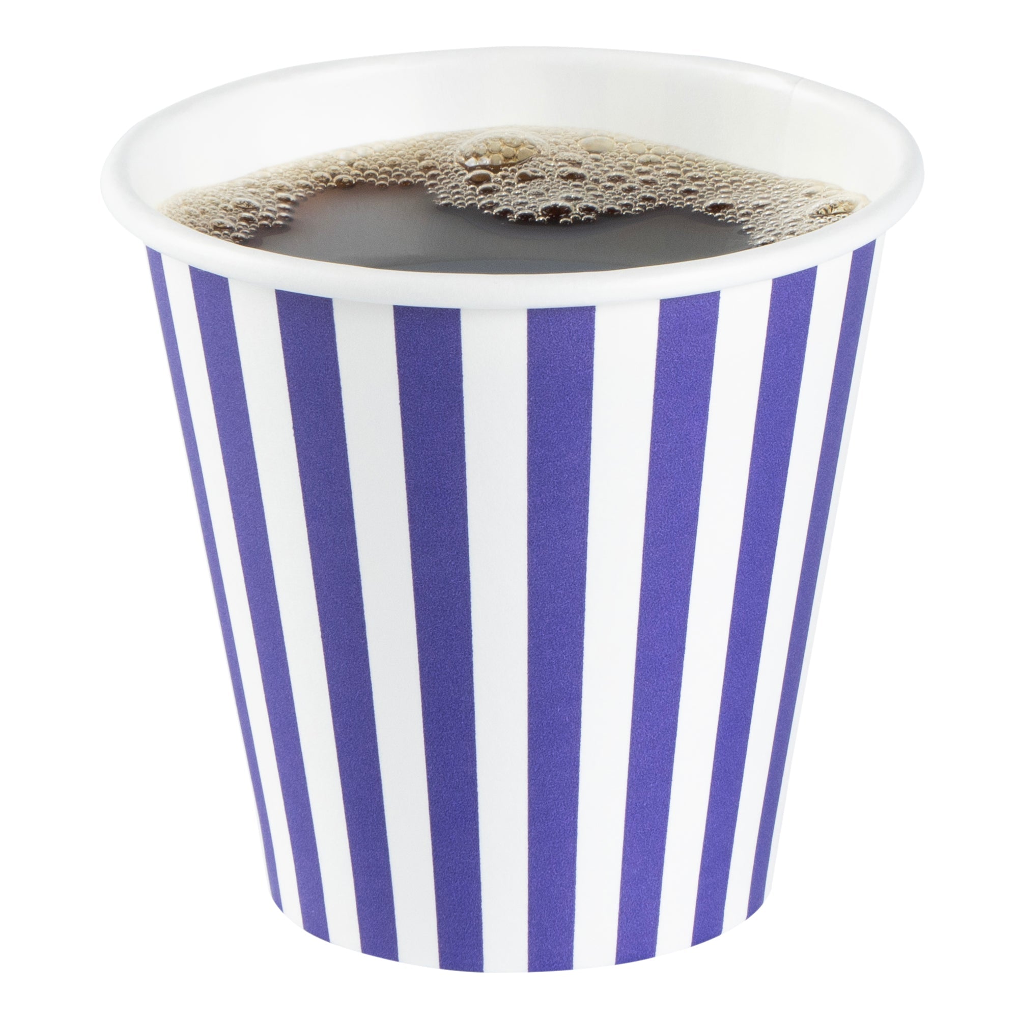 Restpresso 8 oz Purple and White Stripe Paper Single Wall Coffee Cup - with White Lid - 3 1/2"x 3 1/2"x 4" - 20 count box