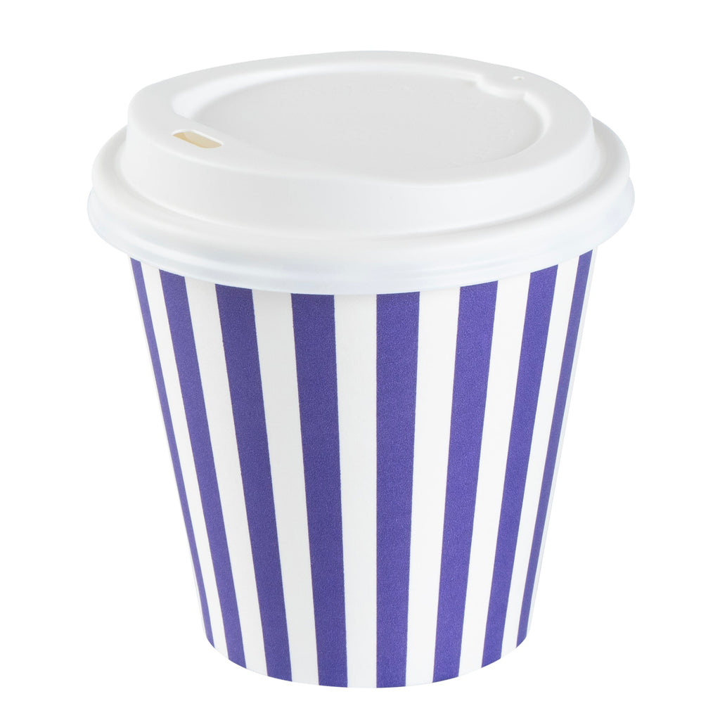 Restpresso 8 oz Purple and White Stripe Paper Single Wall Coffee Cup - with White Lid - 3 1/2"x 3 1/2"x 4" - 20 count box