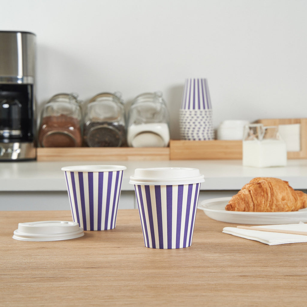 Restpresso 8 oz Purple and White Stripe Paper Single Wall Coffee Cup - with White Lid - 3 1/2"x 3 1/2"x 4" - 20 count box