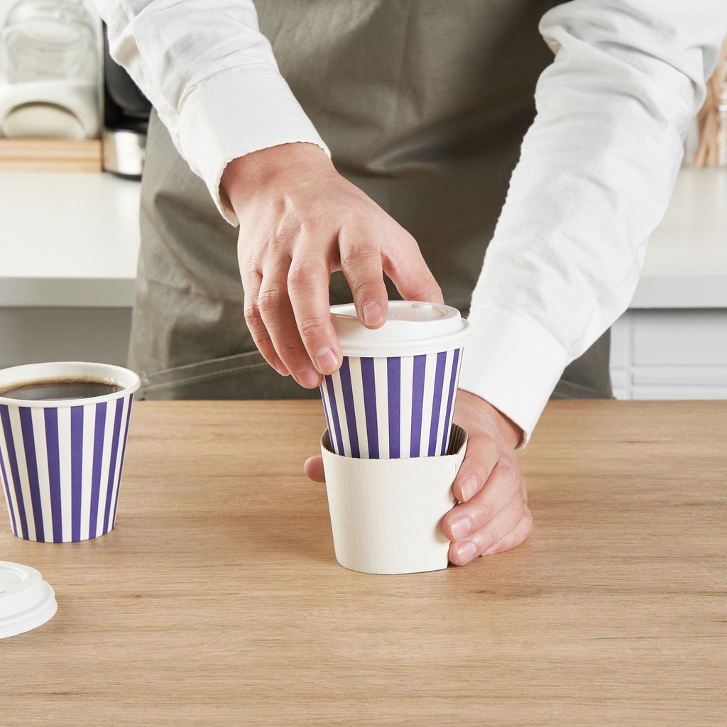 Restpresso 8 oz Purple and White Stripe Paper Single Wall Coffee Cup - with White Lid - 3 1/2"x 3 1/2"x 4" - 20 count box