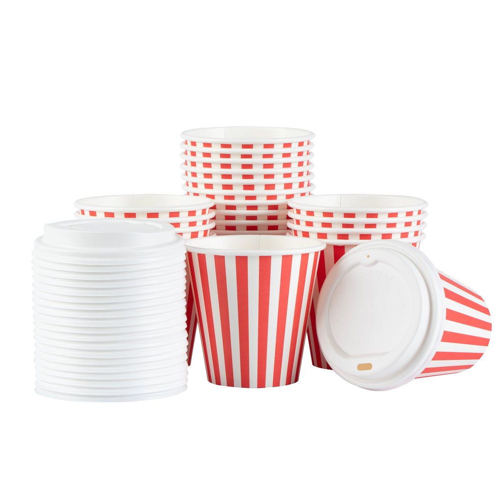 Restpresso 8 oz Red and White Stripe Paper Single Wall Coffee Cup - with White Lid - 3 1/2"x 3 1/2"x 4" - 20 count box