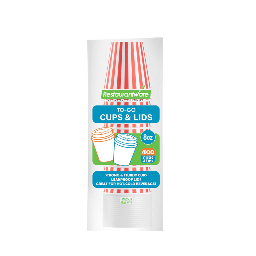 Restpresso 8 oz Red and White Stripe Paper Single Wall Coffee Cup - with White Lid - 3 1/2"x 3 1/2"x 4" - 20 count box