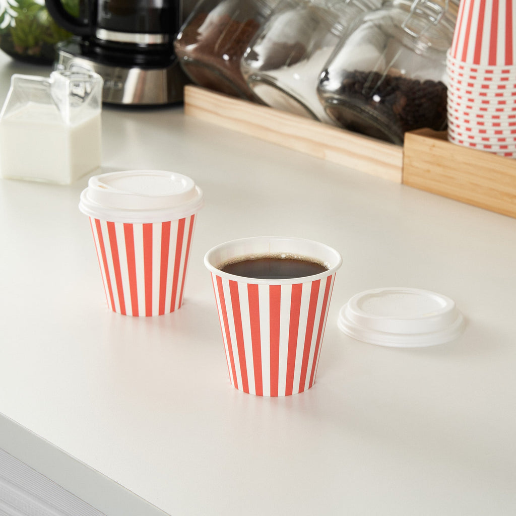 Restpresso 8 oz Red and White Stripe Paper Single Wall Coffee Cup - with White Lid - 3 1/2"x 3 1/2"x 4" - 20 count box